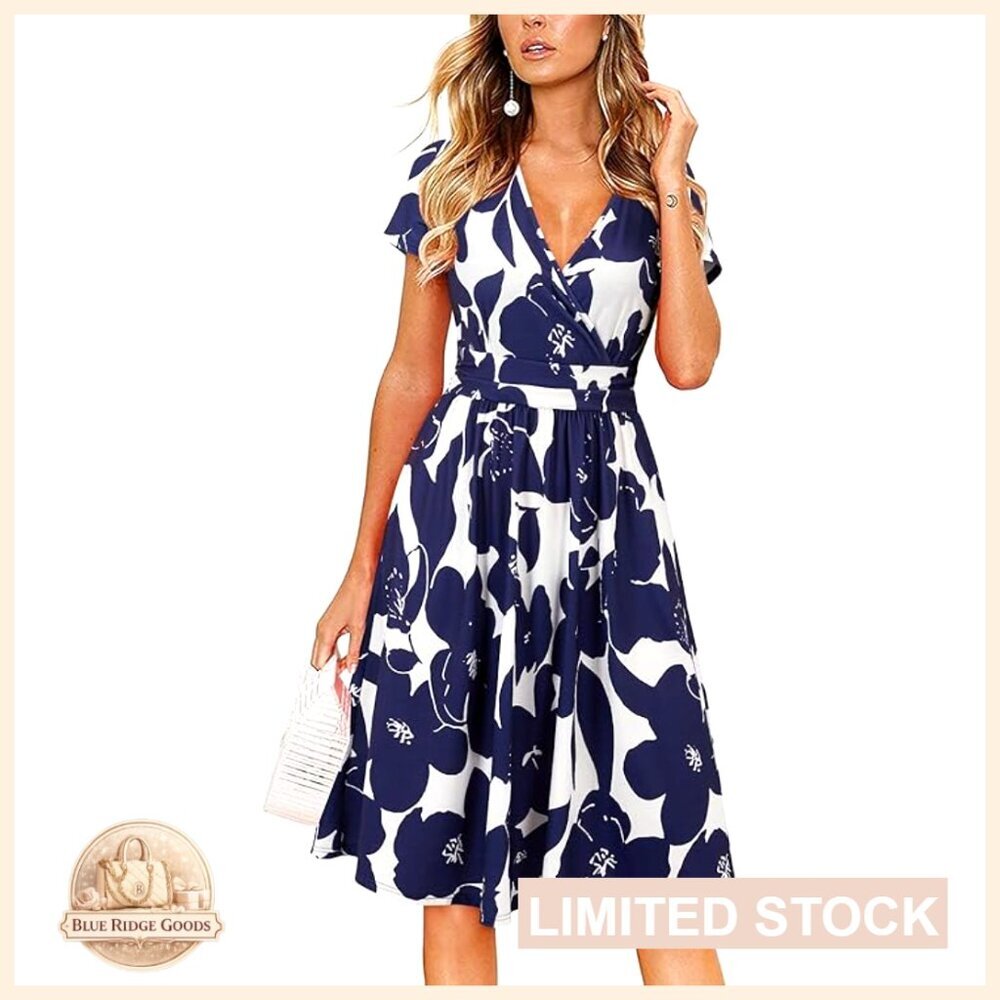 Wrap V-Neck A-Line Midi Dress with Pockets Casual Elegant Summer Chic